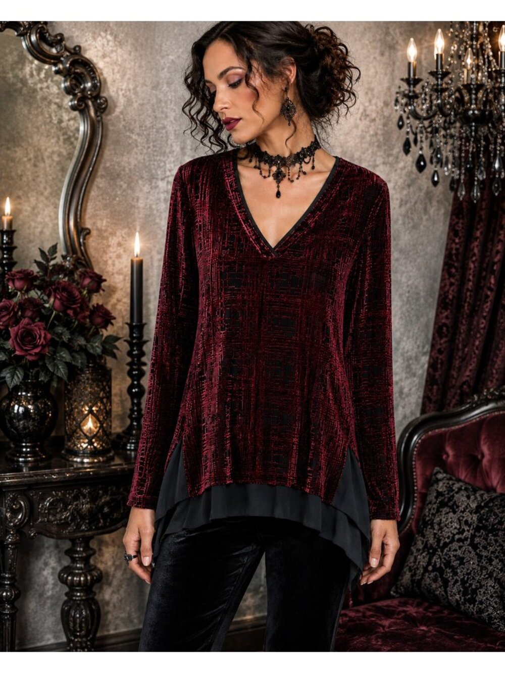 Simply Vera Wang Burgundy Velvet Burnout Chiffon Tunic Top XS Goth Witchy